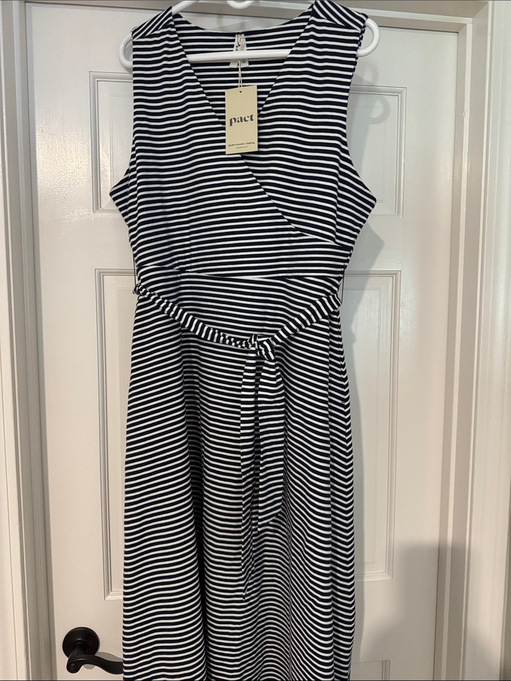 Pact Navy and White Striped Sleeveless Wrap Dress